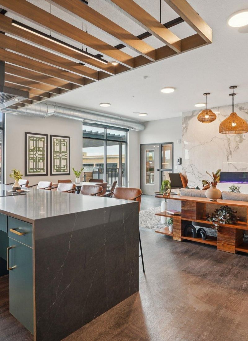 The Scenic modern open-concept kitchen and living area with island, wood accents, and large windows for natural light.